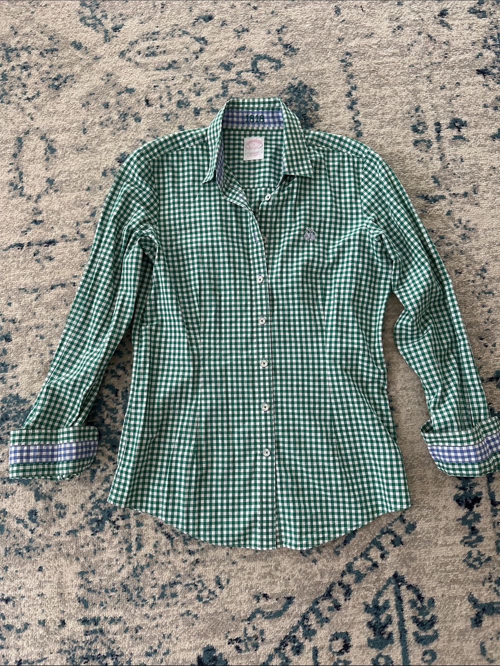 Brooks Brothers green & white checked shirt w/ blue & white check